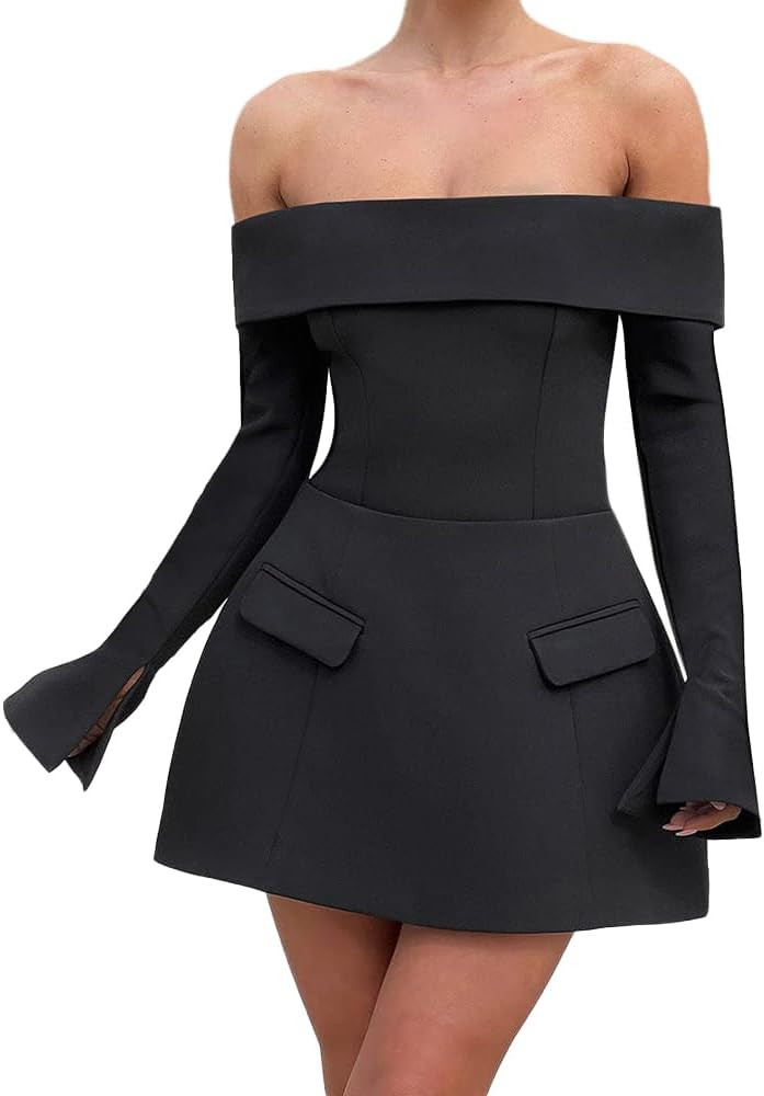 Women Sexy Mini Dress Off Shoulder Long Sleeve A Line Dress Short Formal Dresses Party Clubwear | Amazon (US)