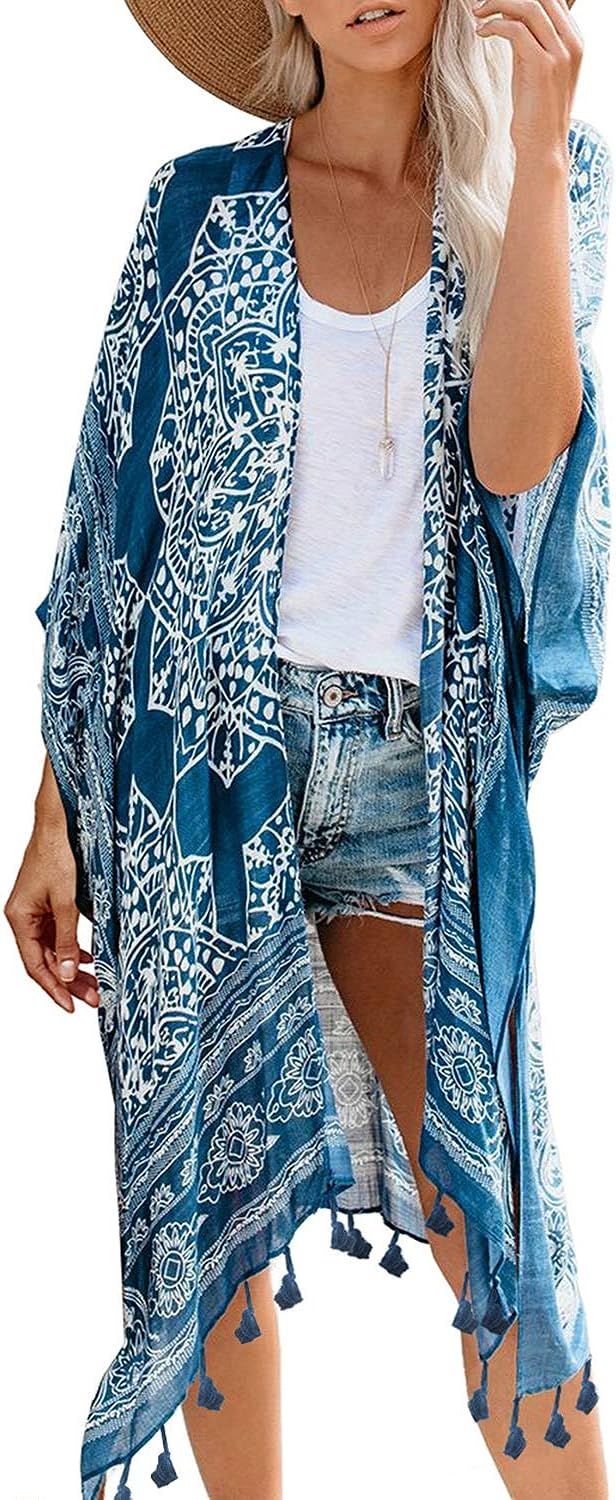GOSOPIN Women Beach Print Kimono Casual Cardigan Loose Cover up | Amazon (US)