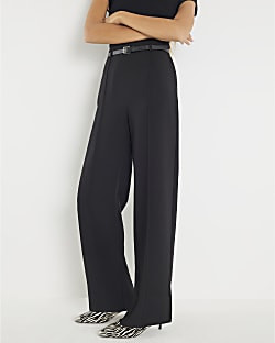 Black Belted Wide Leg Trousers | River Island UK & IE