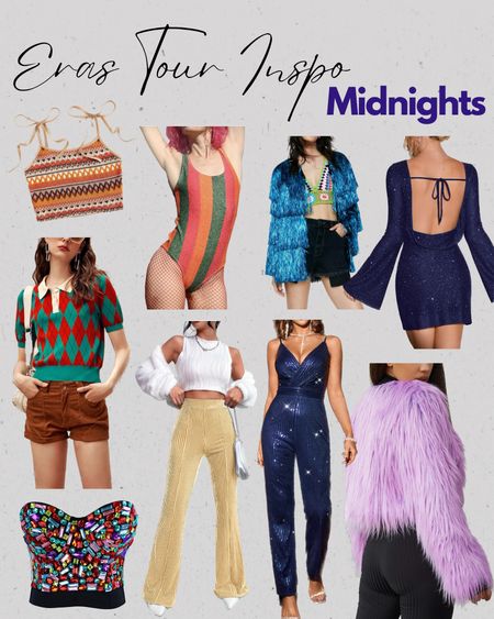Outfit inspiration for Taylor Swift’s Eras tour! These looks are in line with her latest era, midnights. 70s casual style to sultry glam, sparkly show pieces. Polos, shag coat, lavender, flare pants, fringe, and glitter.

#LTKunder100 

#LTKSeasonal #LTKFestival