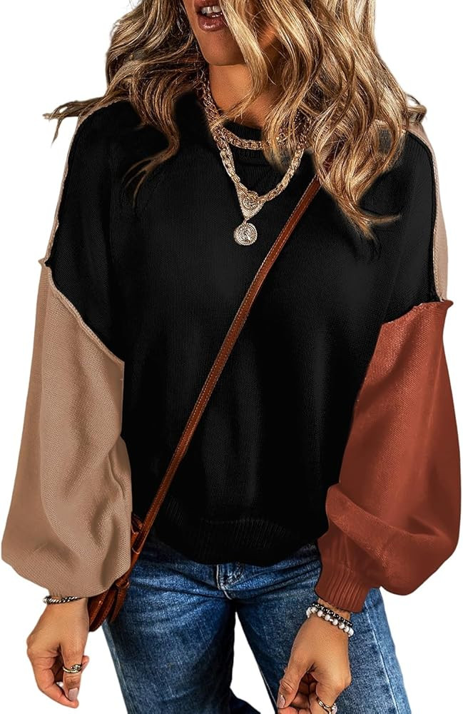 Dokotoo Women's Sweaters Colorblock Crewneck Cotton Long Sleeve Fall Winter Knit Pullover Jumper ... | Amazon (US)