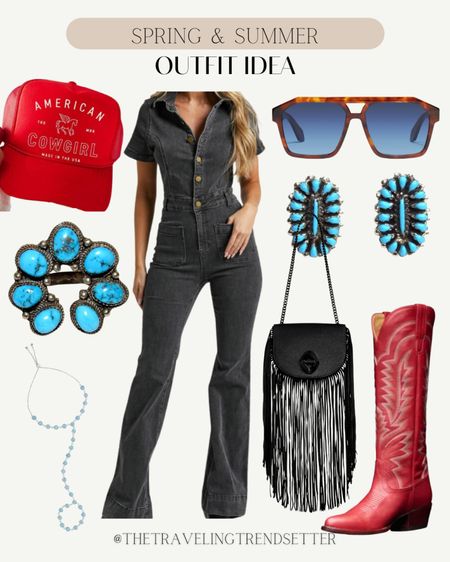Country concert outfit idea - American cowgirl - turquoise - fringe - cowboy boots - jumpsuit - denim
 

#LTKFestival #LTKfindsunder50 #LTKfindsunder100