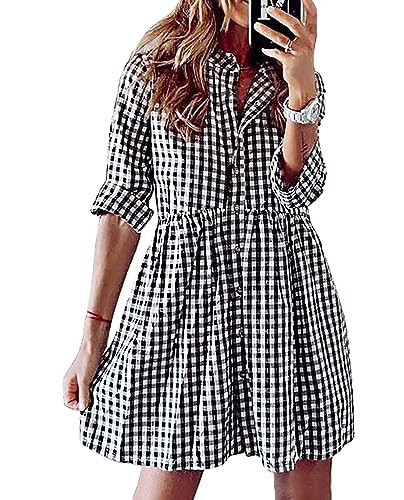 FANCYINN Women's Gingham Stand Collar Shirt Dress Button Down Casual Long Sleeve Tie Sleeves Mini Plaid Shirt Dresses Black and White XL | Amazon (US)