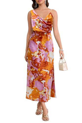LUNAMODA Women's Summer Satin Dress Elegant Cowl Neck Adjustable Spaghetti Strap Wedding Guest Cocktail Party Maxi Dresses Orange Pink Floral, XX-Large | Amazon (US)