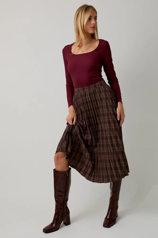Brown Plaid Pleated Midi Skirt | PinkBlush Maternity