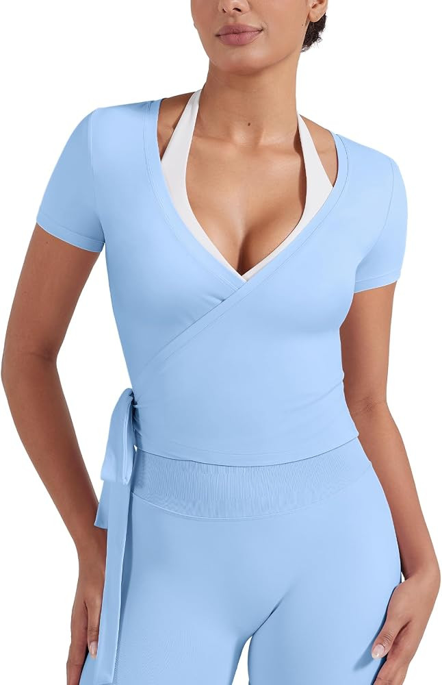 VOYJOY Women Ballet Wrap Top Short Sleeve Self Tie Pilates Yoga Shirt | Amazon (US)