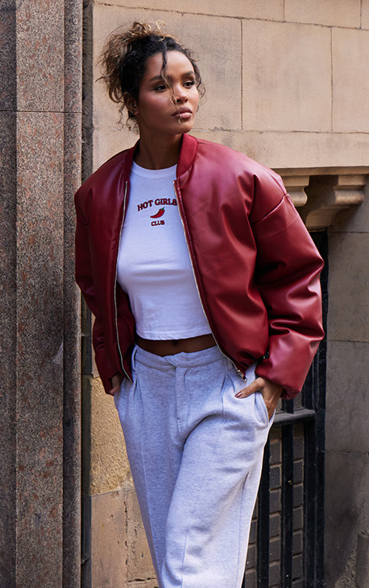 Cherry Red Faux Leather Oversized Bomber Jacket | PrettyLittleThing US