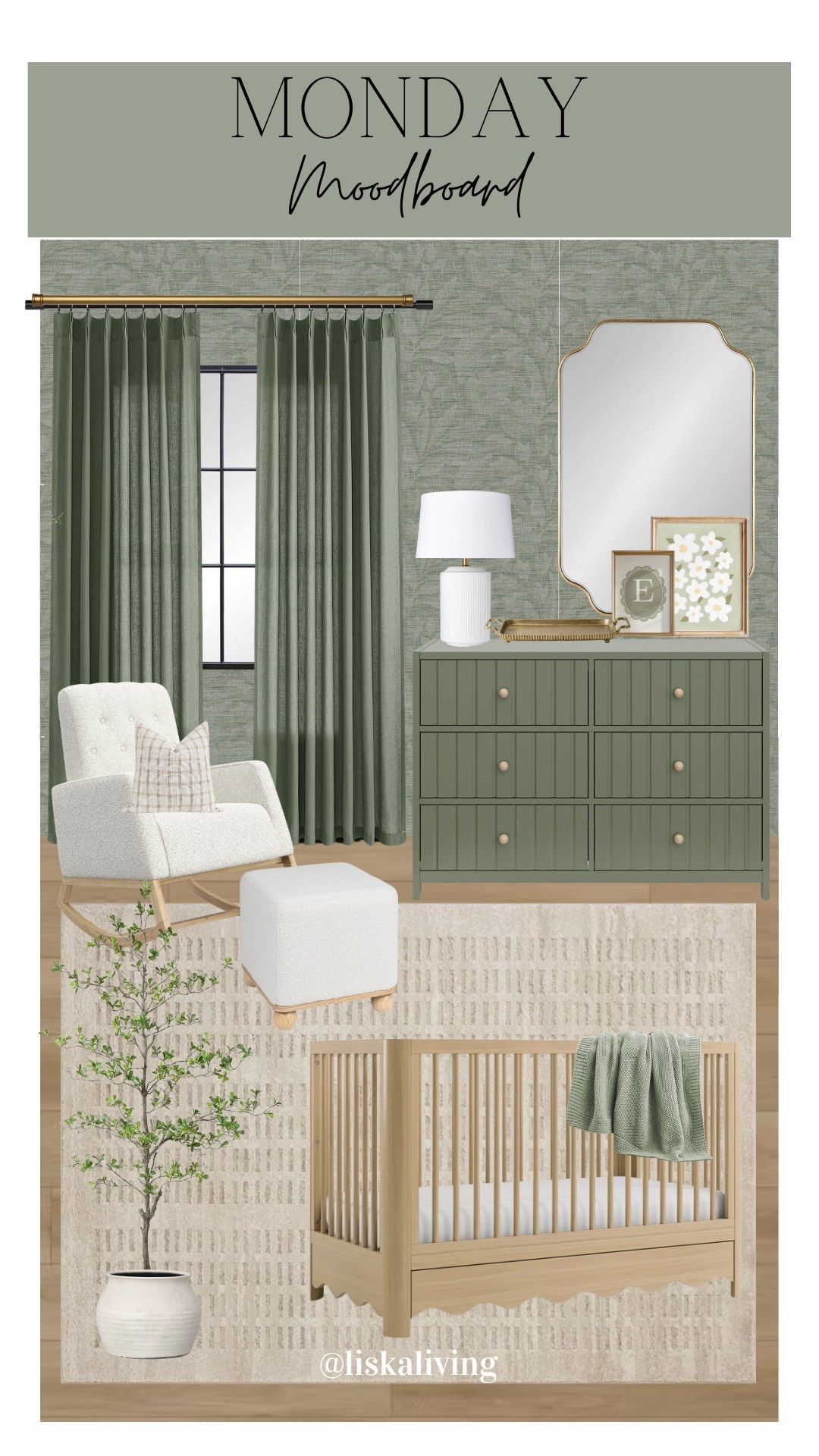 ✨MONDAY MOODBOARD - GIRL NURSERY✨

What do ya know…another nursery with green in it 😏🙃 This wallpaper is the perfect muted pattern. This is a great way to do a wallpaper if you feel nervous to have a pattern on your wall. 

I did some color drenching in this room with the wallpaper and the accessories, too! I love the overall look. The rest I kept light and airy to balance the earthy tones 🫶🏻

✨FOLLOW @liskaliving for more home styling inspo and curated moodboards like this one! Thanks for being here! 🤍

✨SAVE this post for later!

✨SHOP my home and get exclusive app only content by following me on LTK and AMAZON, link in bio!
.
.
.
.
.
.

#mondaymoodboard #moodboardaccount #moodboardinterior #moodboardpage #moodboardinspiration #designboard #interiordesign #homestyling #homestylinginspo #girlnursery #greennursery #wallpaper #colordrenching #earthyneutrals #lightandairy

#LTKStyleTip #LTKHome #LTKFindsUnder100