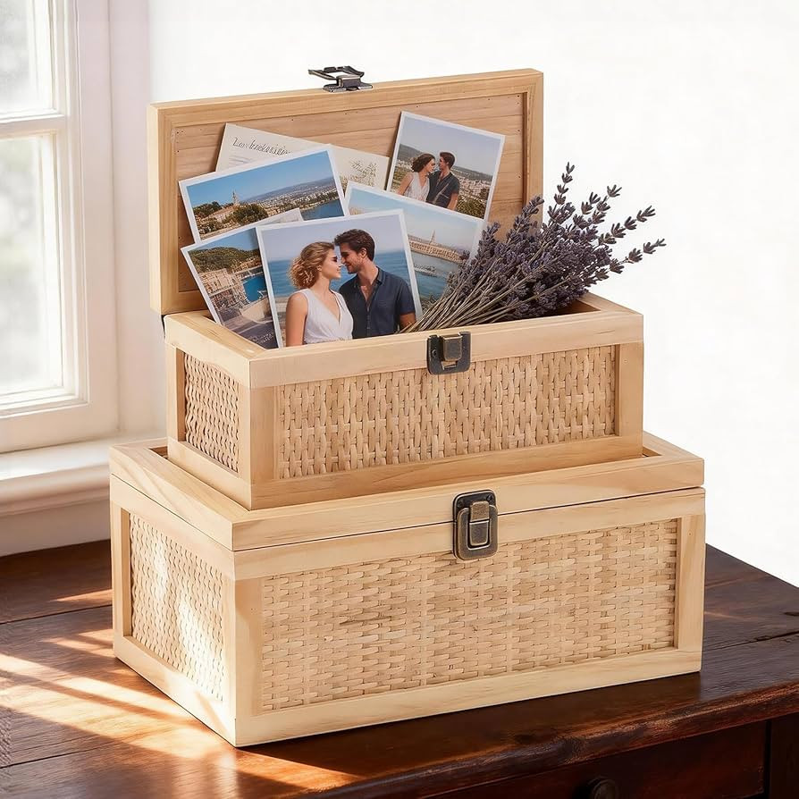 Set of 2 Rattan Decorative Boxes with Lids, Boho Rattan Box, Rustic Farmhouse Keepsake Box, Memor... | Amazon (US)