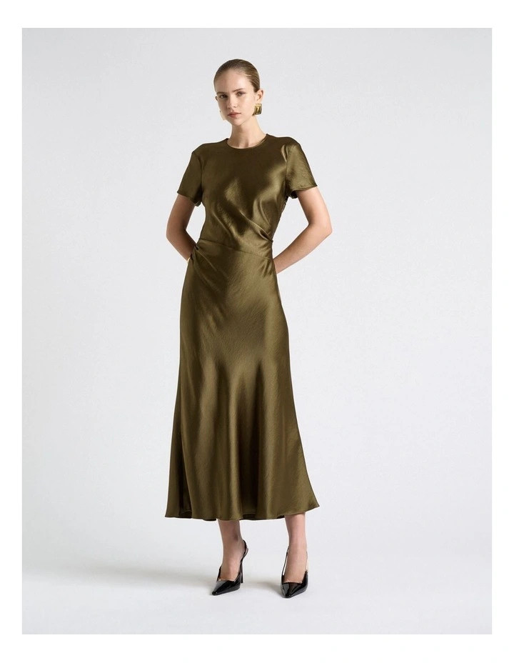 Viscose Satin Draped Waist Midi Dress in Green | Myer