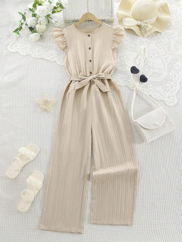 2pcs/Set Teenager Girls' Summer Fashion New Simple Casual Solid Color Cap Sleeve Jumpsuit And Belt | SHEIN