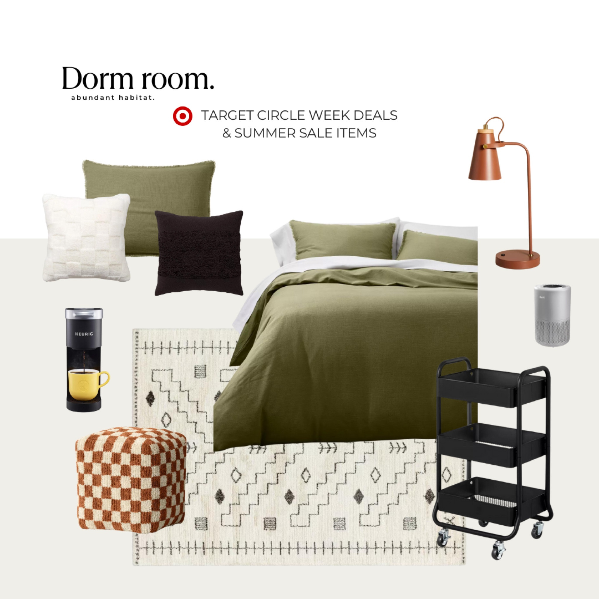 Dorm room Target style! Shop these Target Circle Week and sale items including air purifier, Keurig coffee maker, desk lamp, bedding, throw pillows, pouf, rolling storage cart, and area rug  

#LTKSummerSales #LTKHome #LTKSaleAlert