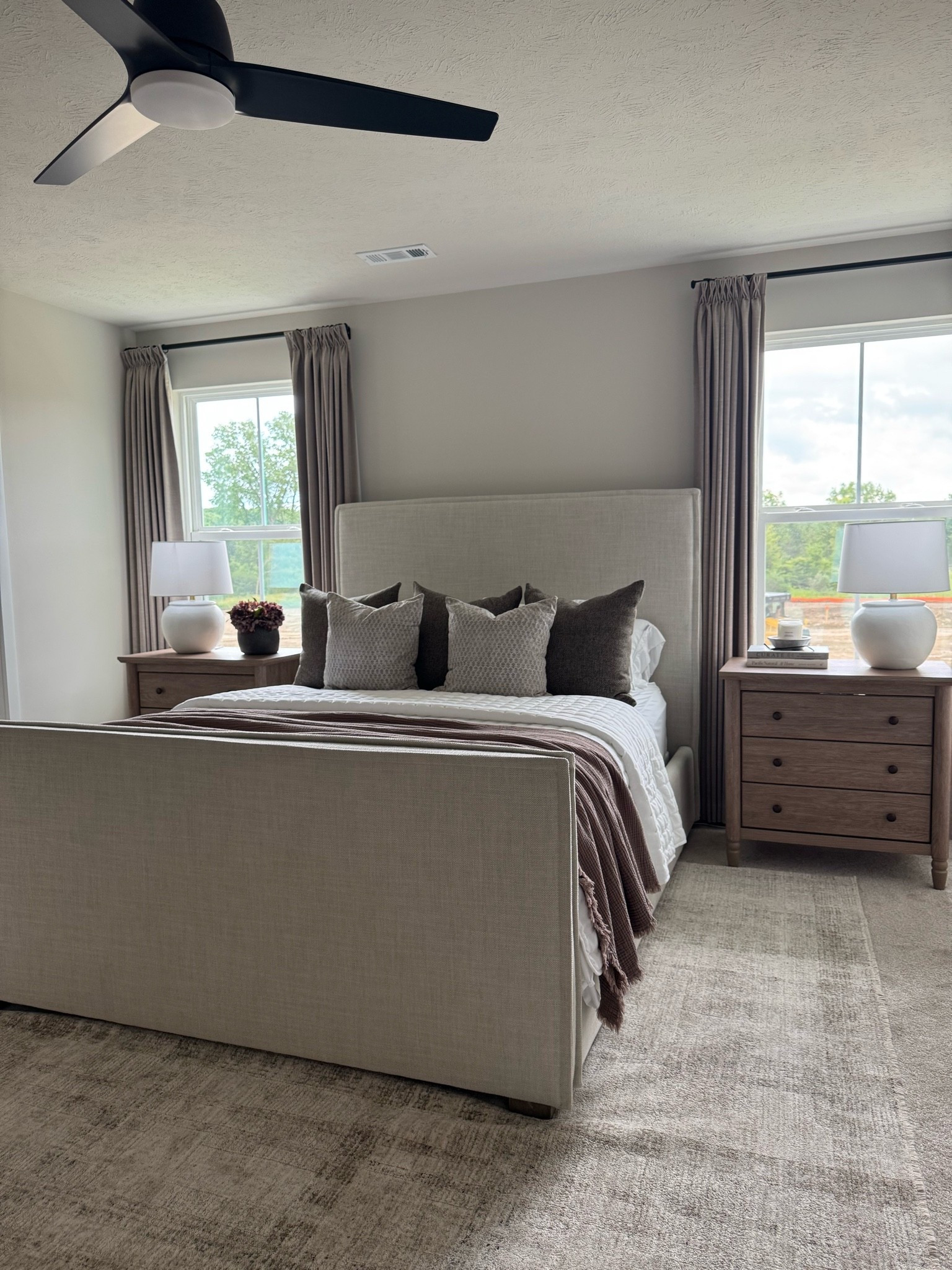 Wayfair bed, upholstered bed, plaid rug, wood nightstand, Walmart nightstand, cloud bedding, wdcozy bedding, cloud quilt, pb dupe, pillow covers, throw blanket, bedroom styling

#LTKHome #LTKSeasonal #LTKU