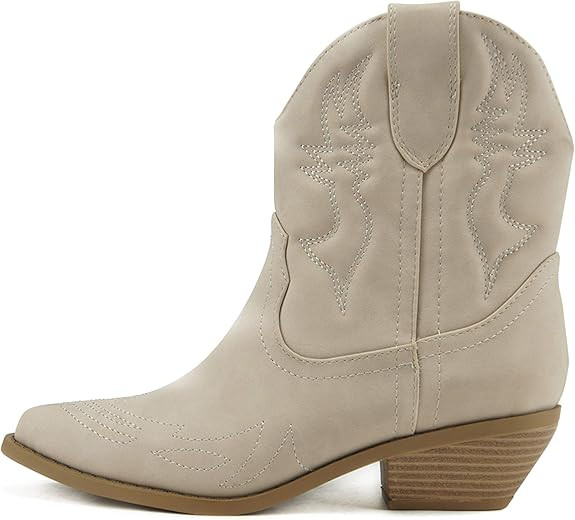 Soda RIGGING ~ Women Western Stitched Pointe Toe Low Heel Ankle Mid Shaft Boots | Amazon (US)
