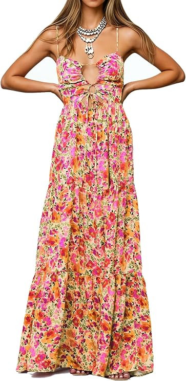 Womens Summer Floral Spaghetti Strap Backless Low Cut Smocked Flowy Maxi Dresses Beach Sundresses | Amazon (US)