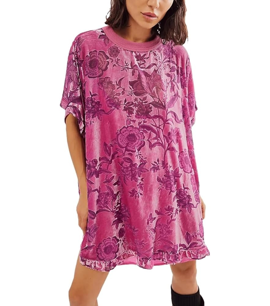 Women's Summer Vintage Velvet Dress Floral Printed Mini Flowy Dress Round Neck Short Sleeve Dress | Amazon (US)