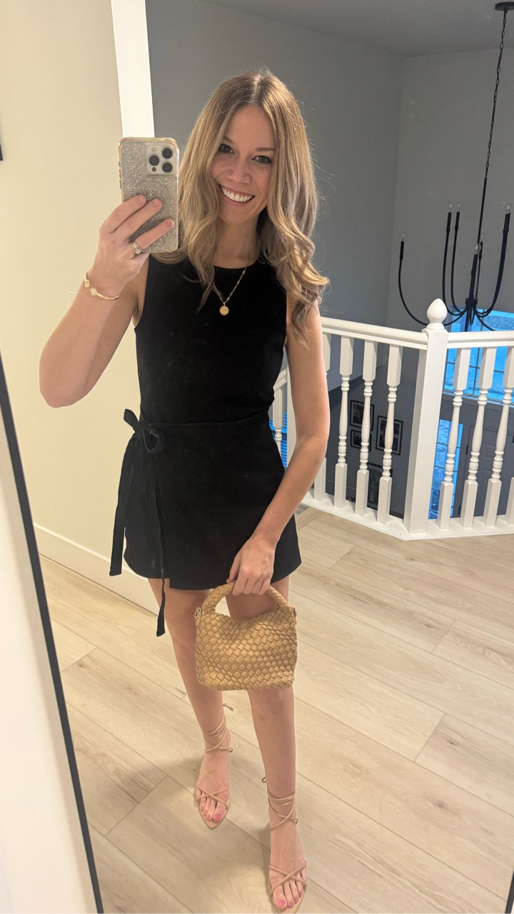 Headed on spring break with no clue what to wear to dinner? Don’t overthink it! Pack your fave black mini, strappy kitten heels, a woven bag and delicate gold jewelry. Done and done! #springbreakoutfits #outfitformula #lbd