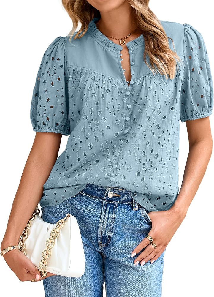 Glamaker Womens Summer Tops Blouse 2025 Casual Eyelet Embroidered Short Puff Sleeve Lace Hollow O... | Amazon (US)
