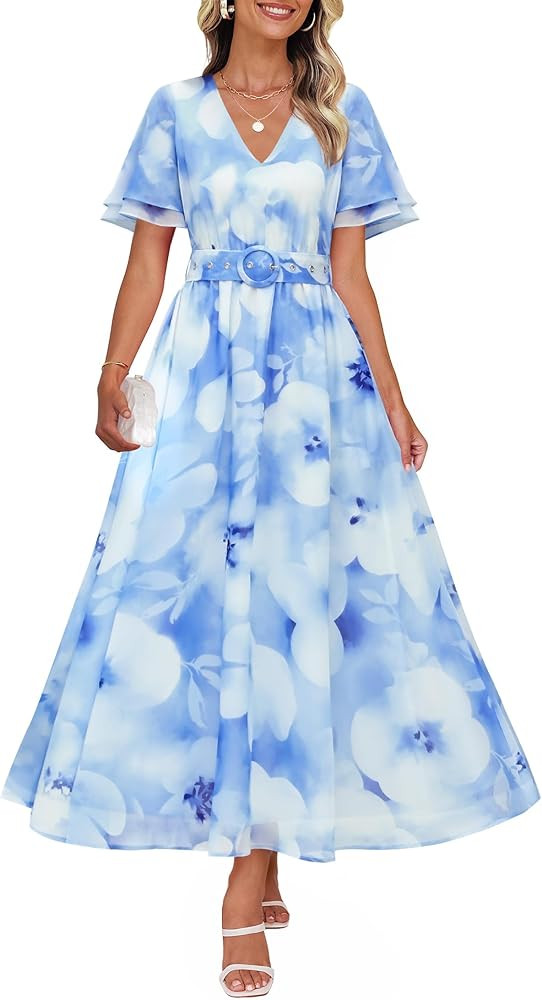 ZESICA Women's 2025 Summer Floral V Neck Midi Dress Boho Short Sleeve High Waist Flowy Beach Vaca... | Amazon (US)