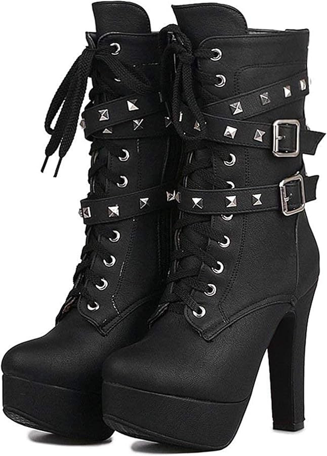 ForeMode Women's Goth Leather Block Heel Ankle Boots Fashion Studded Ankle Strap Trim Punk Boots | Amazon (US)