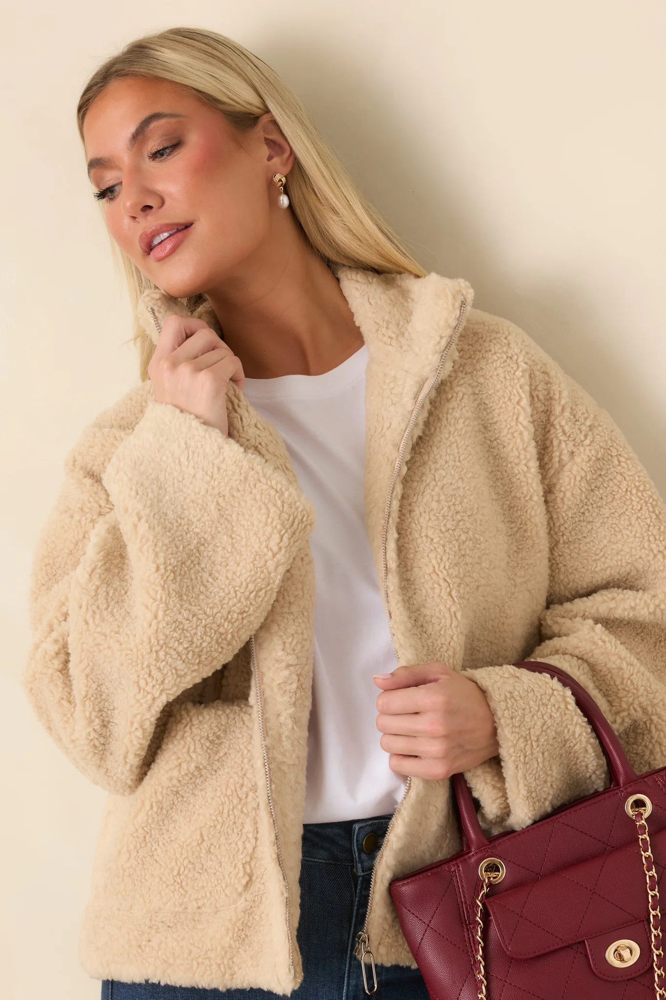 MINKPINK Zola Beige Teddy Zip-Front Jacket | Red Dress