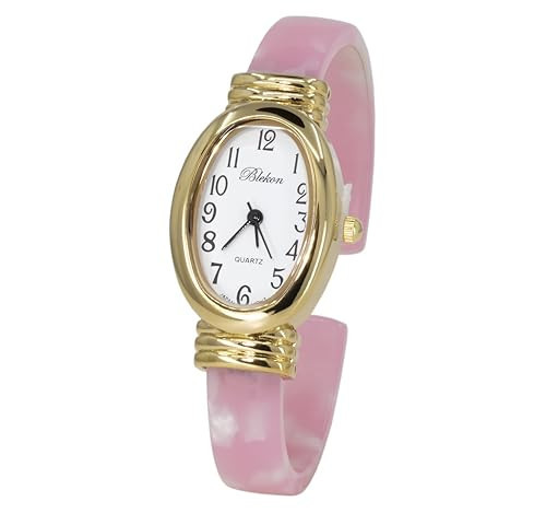 Blekon Collections Women's Round, Oval, Rectangle Case Shapes Acrylic Tortoise Shell Color Design Cuff Bangle Watch ((Gold/White/PinkPearl/Oval)) | Amazon (US)