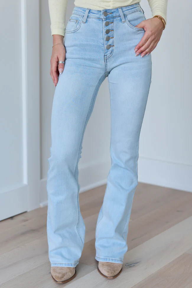 My Favorite Light Wash Button Up Flare Jeans | Pink Lily