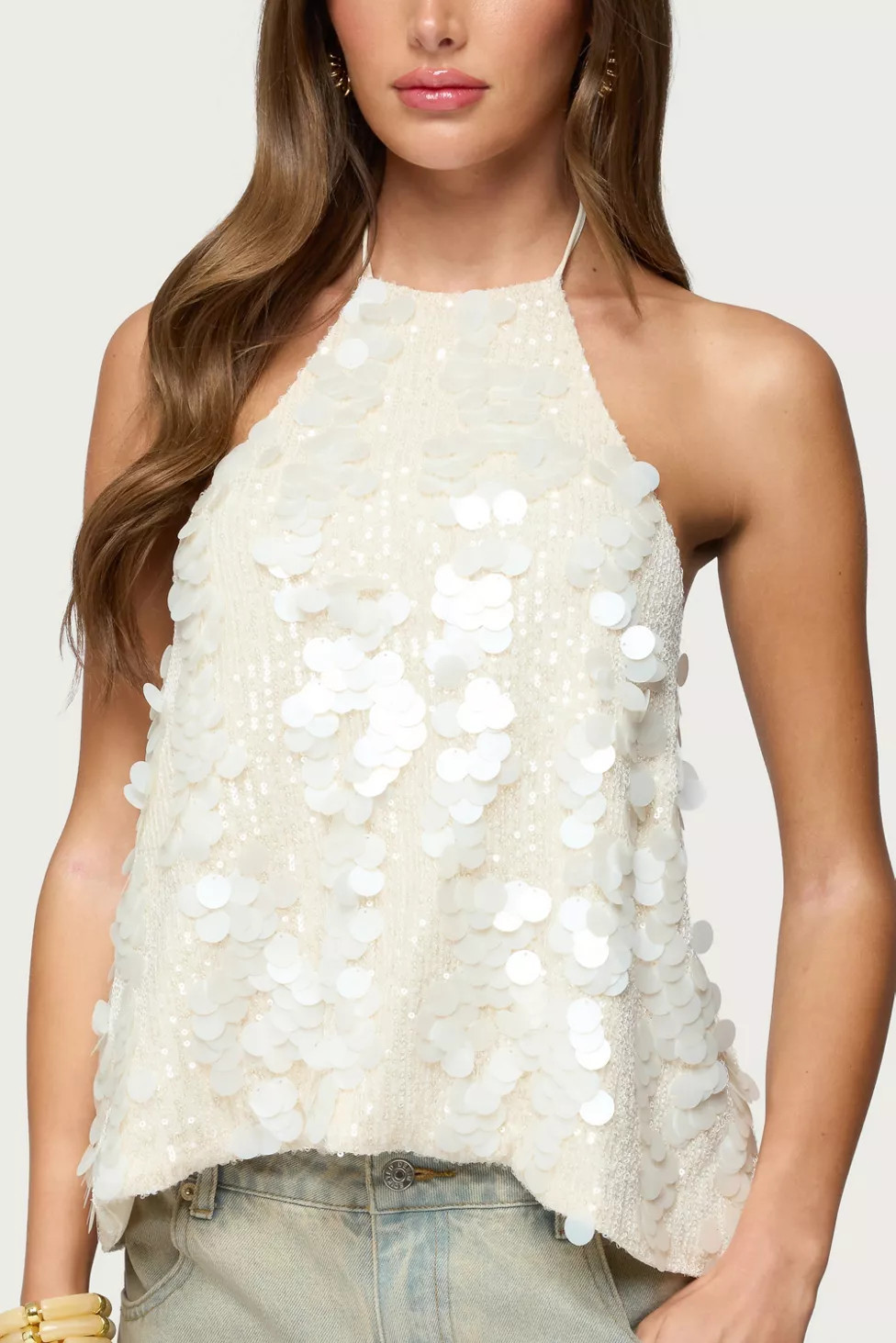 Edikted Ellorie Backless Sequin Halter Top | Urban Outfitters (US and RoW)