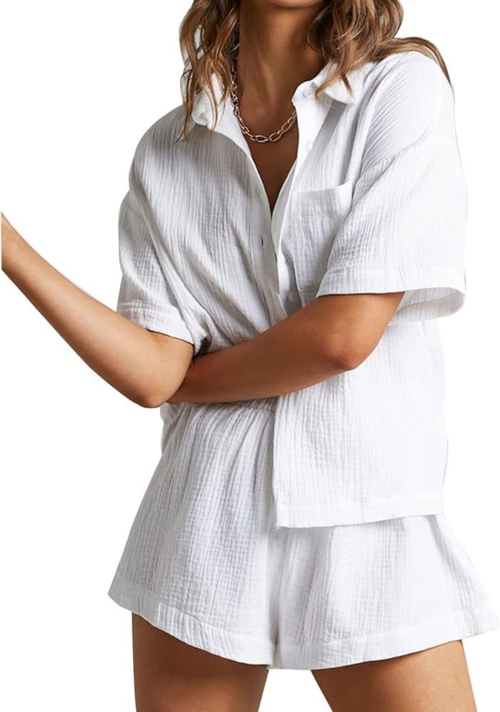 Flygo Women's Casual 2 Piece Outfits Button Down Shirt Top Paper Bag Shorts Cotton Linen Sets | Amazon (US)