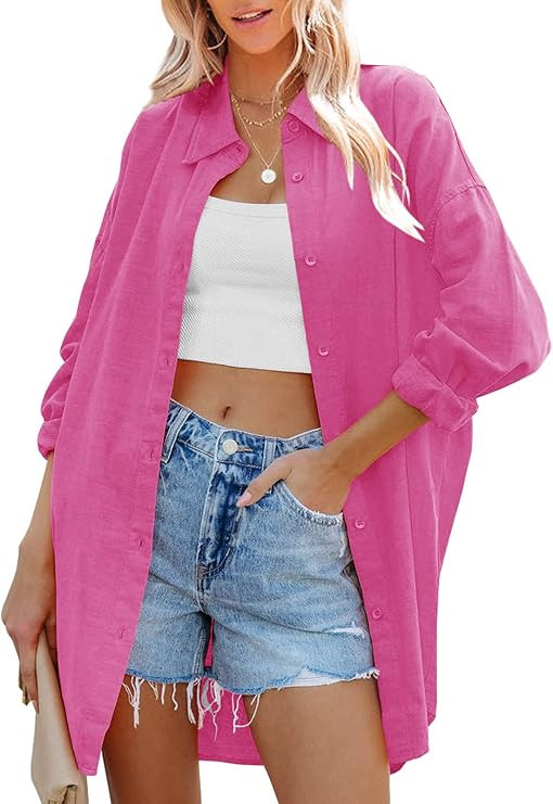 LAMISSCHE Womens Long Sleeve Button Down Shirts Oversized Linen Open Front Shacket Casual Loose C... | Amazon (US)
