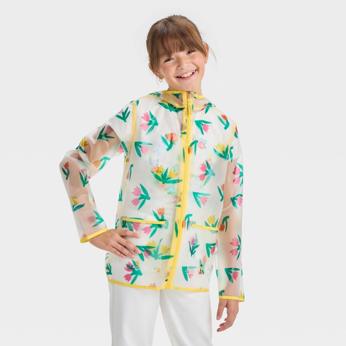 Kids' Floral Printed Rain Coat - Cat & Jack™ White/Yellow/Green | Target