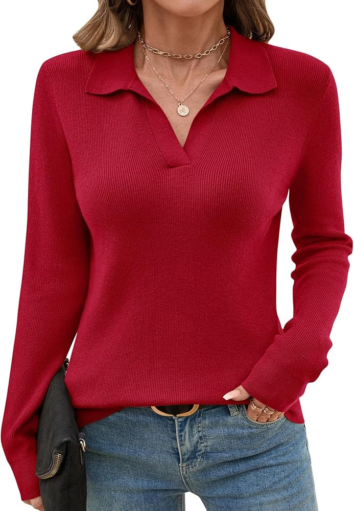 Romanstii Women's Knitted Collared Sweaters Long Sleeve V-Neck Polo Shirts Winter Pullover Tops | Amazon (US)