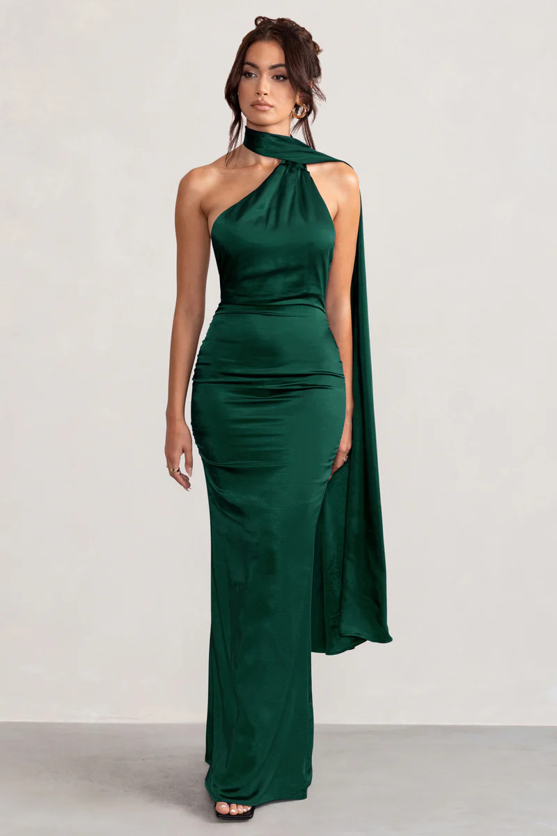 Mademoiselle | Bottle Green Satin Asymmetric Scarf Neck Backless Maxi Dress | Club L London