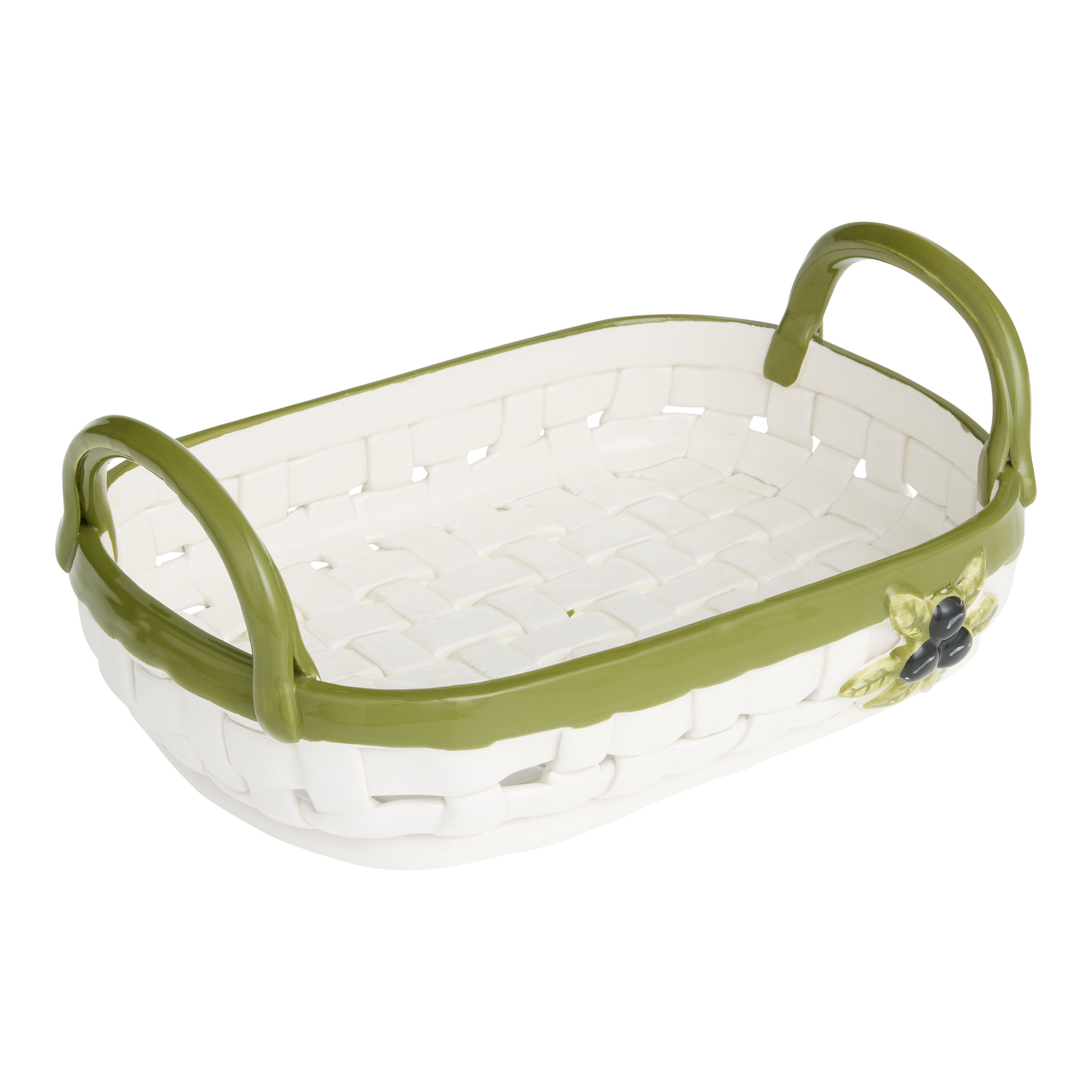 Green and White Ceramic Basketweave Olive Icon Fruit Basket | World Market