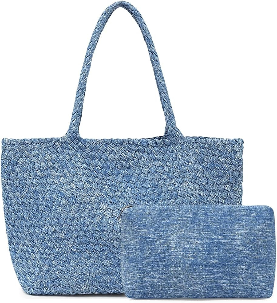 Extra Large Handmade Woven Faux Leather Tote Bag Set for Women Shoulder Purse Beach Bag with Pouc... | Amazon (US)