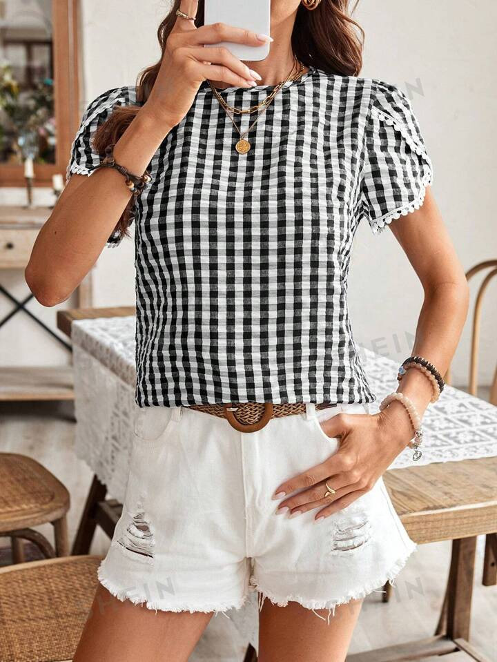 SHEIN LUNE Summer Plaid Pattern Puff Sleeve Casual Shirt | SHEIN