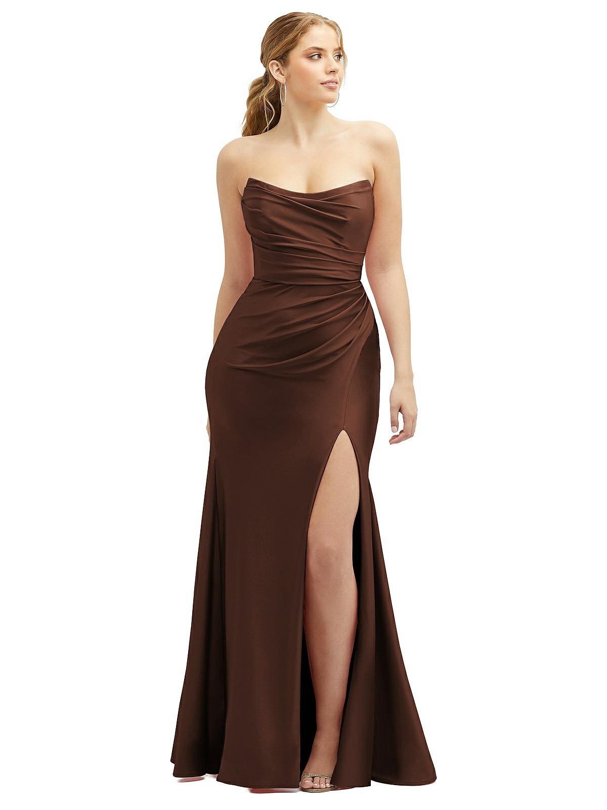 Strapless Basque-Neck Draped Stretch Satin Mermaid Dress with Horsehair Hem in Cognac | Dessy Group