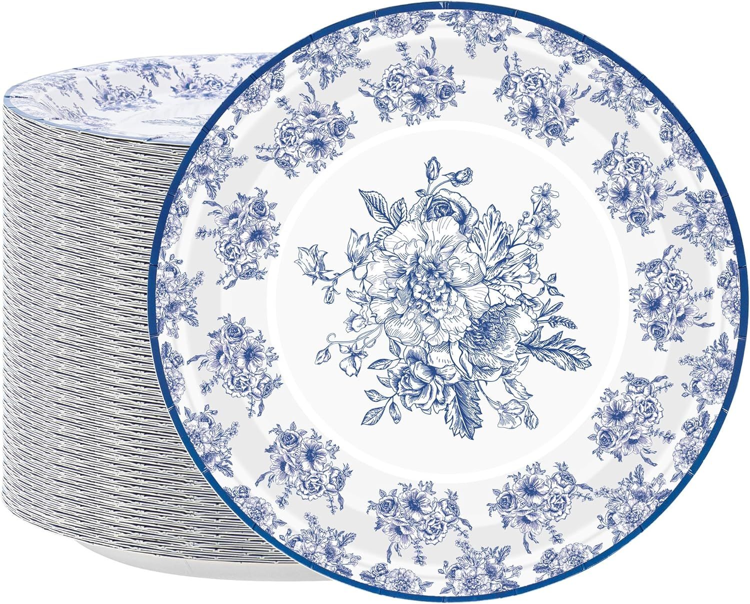 peony man 50 PCS Blue Floral Paper Plates Blue and White Flower Disposable Plates 9 Inch Large Di... | Amazon (US)