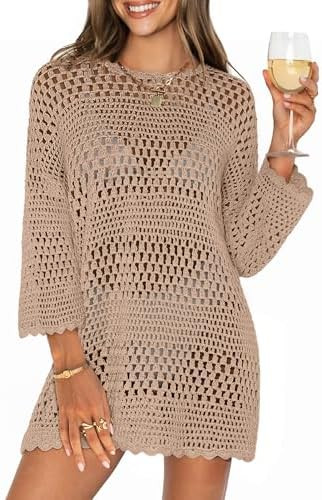 ANRABESS Women 3/4 Sleeve Swimsuit Cover Up 2026 Summer Beach Vacation Clothes Crochet Knit Bathi... | Amazon (US)