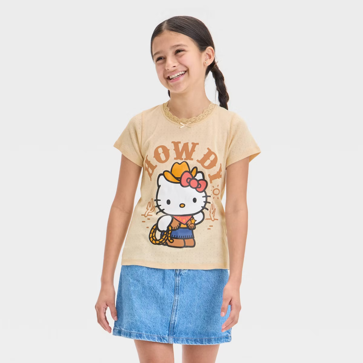 Girls' Hello Kitty Howdy Pointelle Lace Short Sleeve Top - Brown | Target