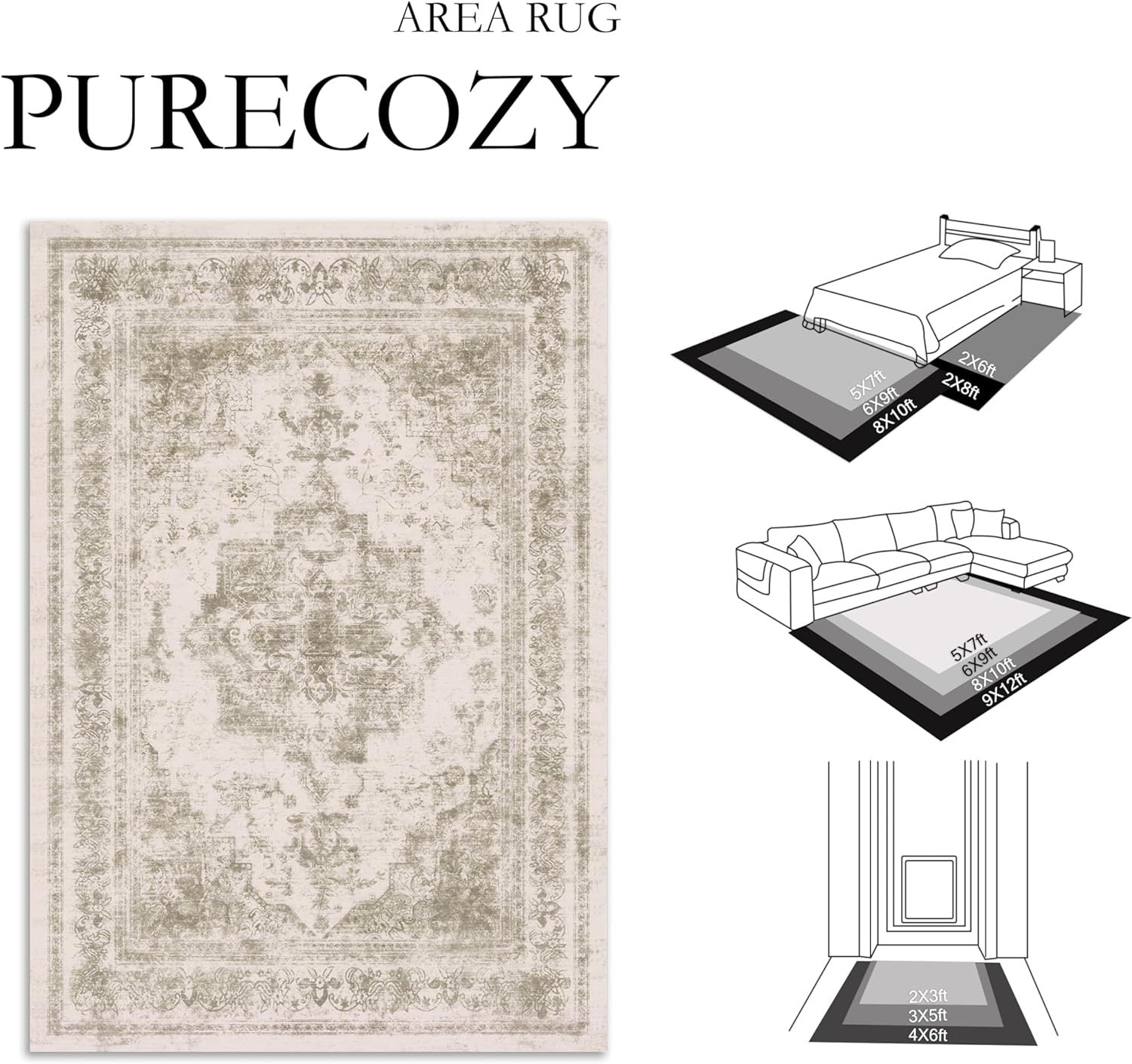 PureCozy Vintage Area Rug 8x10 Indoor Bedroom Rug Taupe Medallion Washable Living Room Carpet Ret... | Amazon (US)