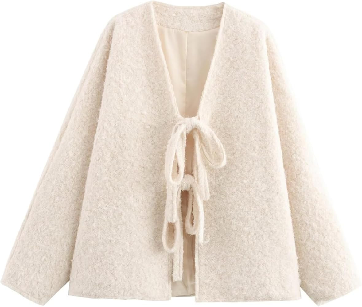 Perbai Women's Tie Front Bow Cardigan Jacket Fuzzy Wool Blend Long Sleeve Batwing Oversized Winte... | Amazon (US)