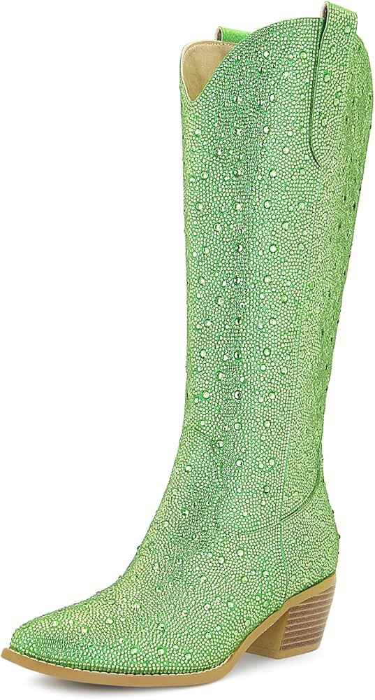 SOVANYOU Women's Rhinestone Cowboy Boots Pointed Toe Block Heel Knee High Boots with Side Zipper | Amazon (US)
