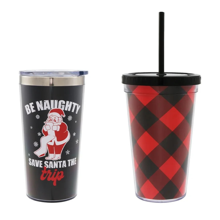 Plastic Christmas Tumbler Set, Black and Red, 18 fl oz, 2 Count, by Holiday Time | Walmart (US)