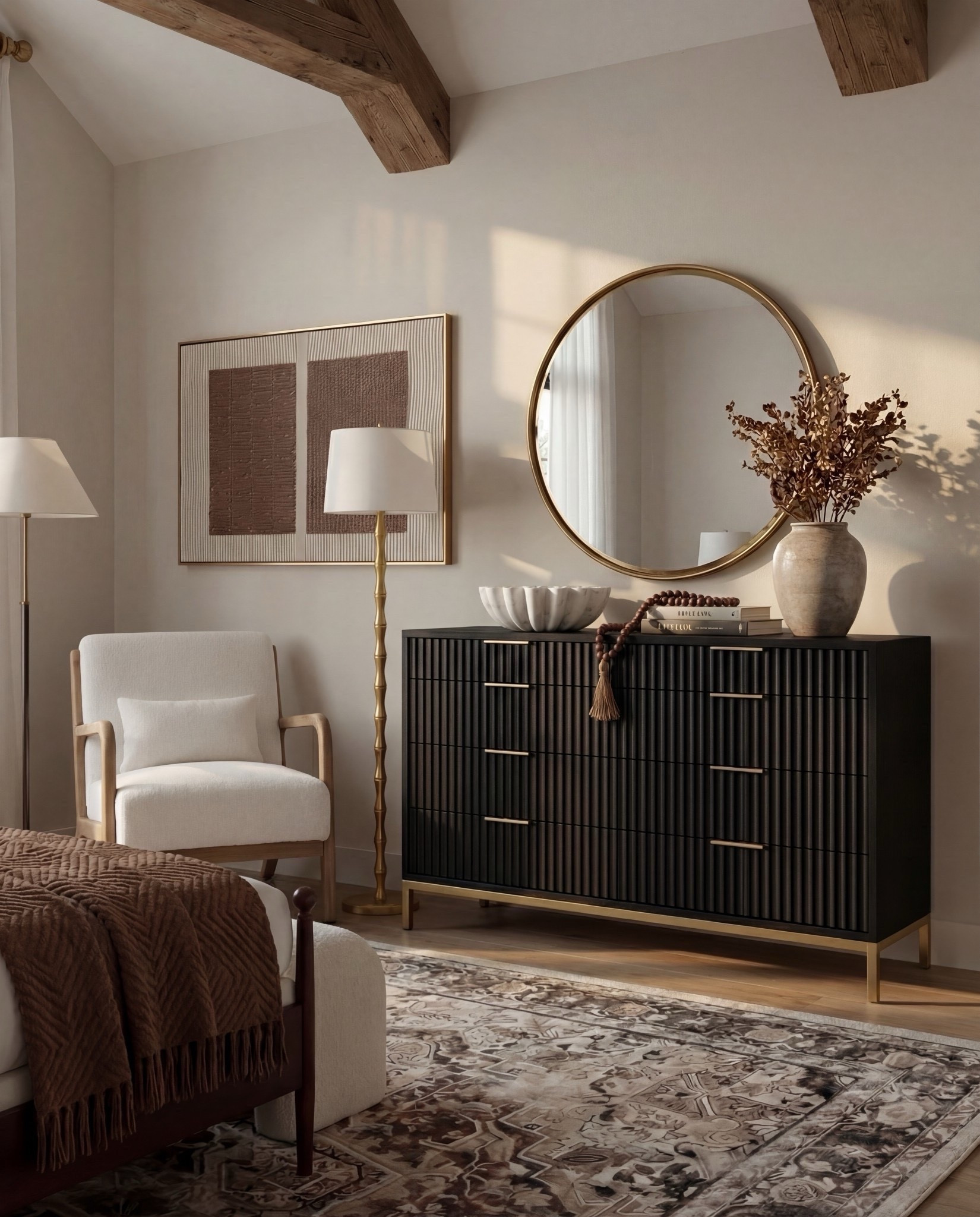 Shop the Look: Bedroom Refresh
• Dark wood bed frame with curved headboard
• Crisp white bedding set (duvet + sheets)
• Warm brown accent pillows
• Textured knit or woven throw blanket (camel/brown)
• Ivory boucle bench stools (set of two)
• Vintage-style patterned area rug (neutral brown + taupe tones)
• Wood nightstands with drawers
• Table lamps with white drum shades
• Wall sconces with brass detail
• Framed landscape artwork above bed
• Organic-shaped wall mirrors (brass frame)
• Black fluted dresser with brass hardware
• Round brass wall mirror
• Sculptural white ceramic bowl
• Decorative books with wood bead garland
• Neutral ceramic vase with dried branches
• Upholstered accent chair (cream fabric, wood frame)
• Slim brass floor lamp with white shade

#LTKHome #LTKSaleAlert