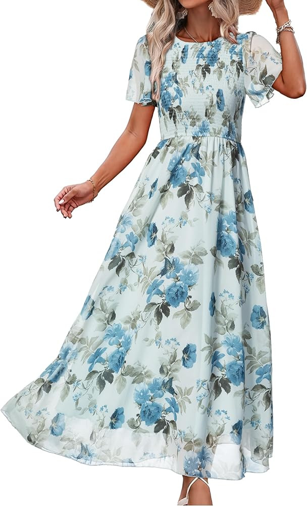 Simplee Womens Summer Floral Summer Maxi Dresses Boho Flowy Flutter Short Sleeve Crew Neck Vacati... | Amazon (US)