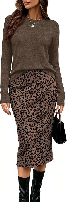 OFEEFAN Women's 2 Piece Midi Skirt Sets Long Sleeve Outfits with Pockets | Amazon (US)