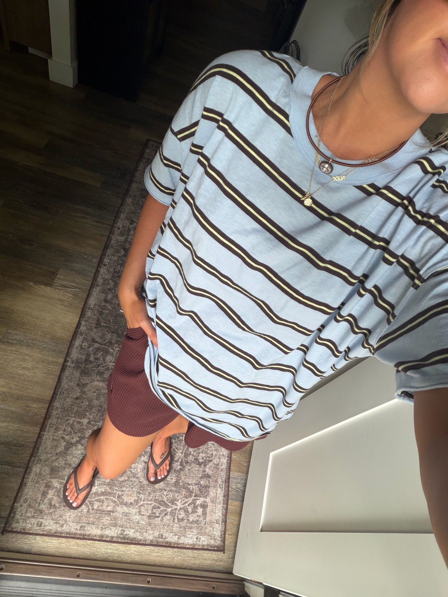 The cutest blue and brown striped tee 🤎 on sale for $20 today! Also linking to my necklace stack 🤎🤎 

BaubleBar, brown choker, gold jewelry, aerie sale, aerie oversized boyfriend tee, trending for fall

#LTKootd #LTKmomlife