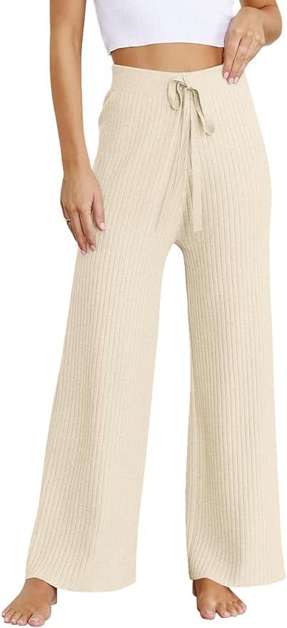 LILLUSORY Womens Rib Knit Wide Leg Pants 2023 Elastic Waist Casual Flowy Sweater Pants | Amazon (US)