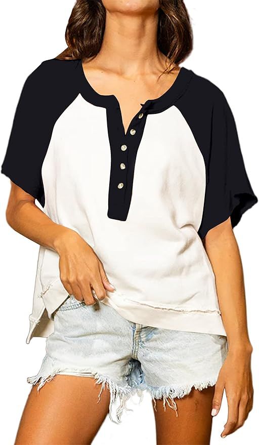 TERIVEEK Women Oversized Color Block Short Sleeve T Shirt Half Button V Neck Split Hem Shirt Casu... | Amazon (US)